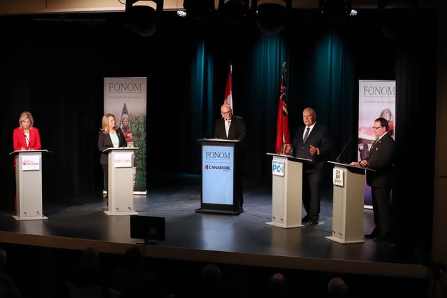 Ontario Liberal Leader Bonnie Crombie, left to right, Ontario NDP Leader Marit Stiles, moderator CBC Radio Morning North host Markus Schwabe, Ontario Progressive Conservative Party Leader Doug Ford and Ontario Green Leader Mike Schreiner take part in the Ontario election debate in North Bay on Friday February 14, 2025.  