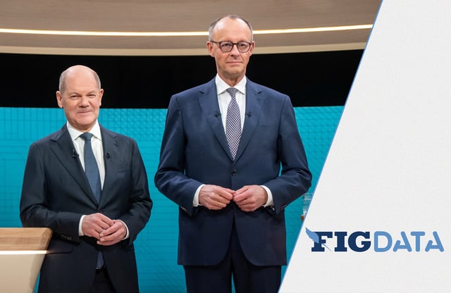 Le chancelier Olaf Scholz du Parti social-démocrate (SPD) et son rival conservateur de l’Union chrétienne-démocrate (CDU), Friedrich Merz, lors du premier débat télévisé, le 9 février 2025.