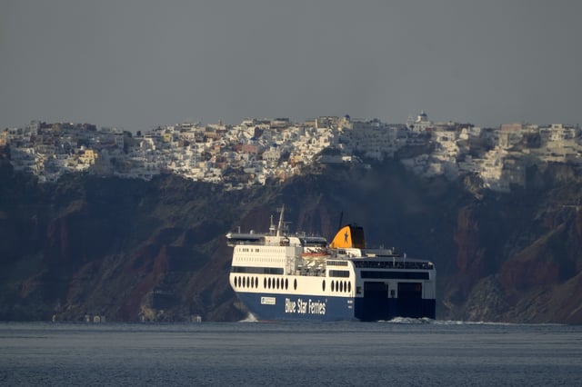 A regularly scheduled ferry departs from Santorini to Athens' port of Piraeus, after a spike in seismic activity raised concerns about a potentially powerful earthquake in Santorini, southern Greece, Monday, Feb. 3, 2025. (AP Photo/Petros Giannakouris)