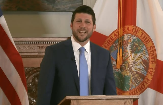 James Uthmeier, formerly Gov. Ron DeSantis&#39; chief of staff, speaks after being sworn in as Florida&#39;s new attorney general in Tallahassee on Monday.  (The Florida Channel)