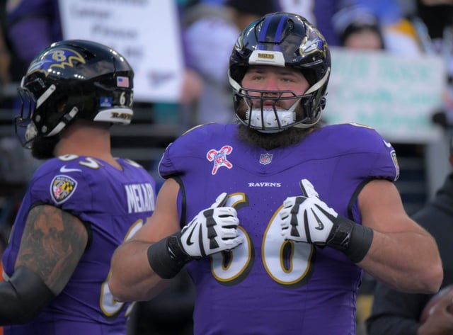 Baltimore Ravens guard Ben Cleveland during pregame, before an NFL football divisional rivalry in Baltimore. (Karl Merton Ferron/Staff)