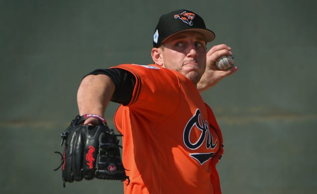 Sarasota,Florida--2/16/19--  Orioles&#39; pitcher #67 John Means throws during his bullpen session. Baltimore Orioles Spring Training camp in Sarasota Florida.  Lloyd Fox/Baltimore Sun Staff