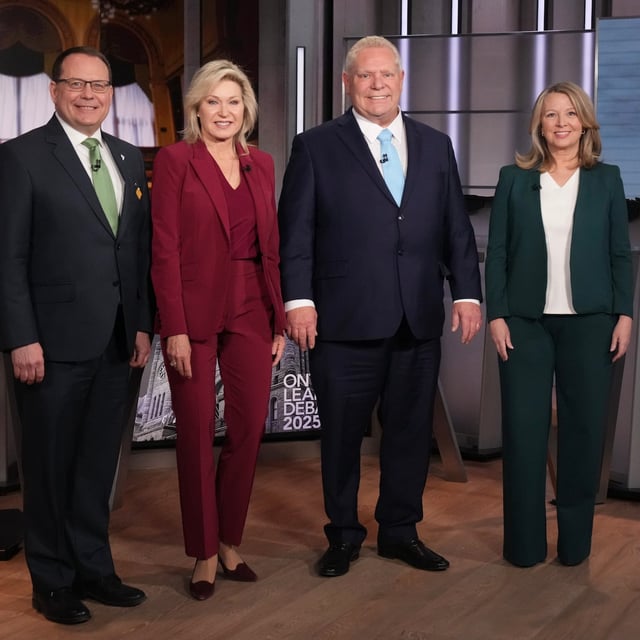Ontario Green Party Leader Mike Schreiner, left to right, Ontario Liberal Leader Bonnie Crombie, Ontario PC Leader Doug Ford, and Ontario NDP Leader Marit Stiles pose for a photo before the Ontario Leaders' debate at CBC's Broadcast Centre, in Toronto, Monday, Feb. 17, 2025. THE CANADIAN PRESS/Chris Young
