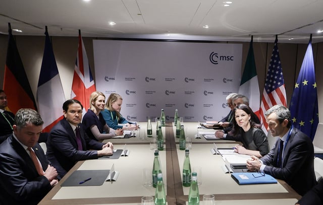EU High Representative for Foreign Affairs and Security Policy Kaja Kallas (3-L), US Secretary of State Marco Rubio (2-L), Italian Foreign Minister Antonio Tajani (3-R) and German Foreign Minister Annalena Baerbock (2-R) attend the meeting of Foreign Ministers the Transatlantic Quint during the 61st Munich Security Conference (MSC), in Munich, Germany, 15 February 2025. High-level international decision-makers meet at the 61st Munich Security Conference in Munich from 14 to 16 February 2025 during their annual meeting to discuss global security issues.  RONALD WITTEK/Pool via REUTERS/ File Photo