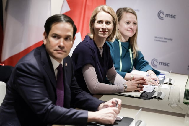 EU High Representative for Foreign Affairs and Security Policy Kaja Kallas (C) and US Secretary of State Marco Rubio (L) attend the meeting of Foreign Ministers the Transatlantic Quint during the 61st Munich Security Conference (MSC), in Munich, Germany, 15 February 2025. High-level international decision-makers meet at the 61st Munich Security Conference in Munich from 14 to 16 February 2025 during their annual meeting to discuss global security issues.  RONALD WITTEK/Pool via REUTERS/ File Photo