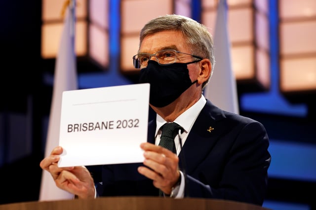 Olympics - 138th IOC Session - Hotel Okura, Tokyo, Japan - July 21, 2021 President of the International Olympic Committee Thomas Bach announces Brisbane as the 2032 Summer Olympics host city during the 138th IOC Session Pool via REUTERS/Toru Hanai/File Photo