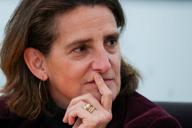 Teresa Ribera, the European Union's competition commissioner, looks on during an interview with Reuters in London, Britain, February 17, 2025.   REUTERS/Kevin Coombs