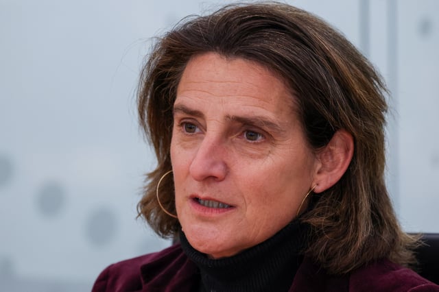 Teresa Ribera, the European Union's competition commissioner, speaks during an interview with Reuters in London, Britain, February 17, 2025.   REUTERS/Kevin Coombs