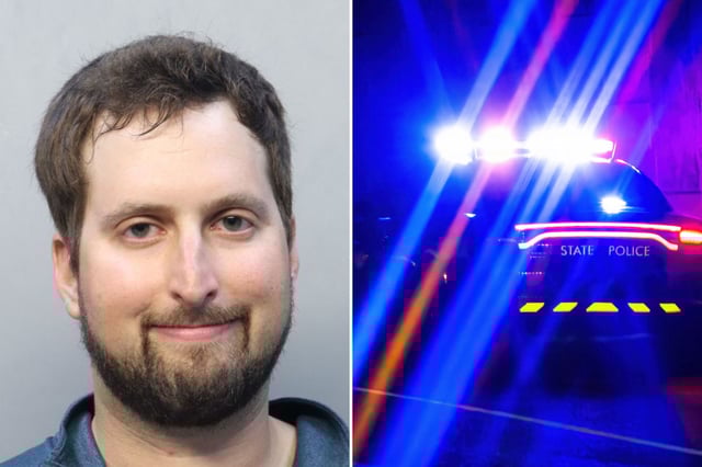 Mugshot photo of Mordechai Brafman (left) and a file photo of a state police car with flashing emergency lights (right).