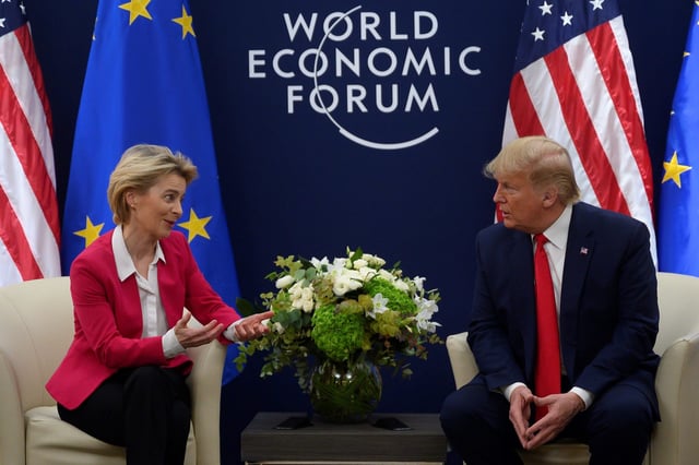 U.S. President Donald Trump speaks with European Commission President Ursula von der Leyen prior to their meeting at the World Economic Forum in Davos, on Jan. 21, 2020.