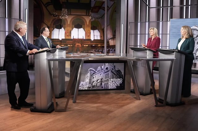 Ontario PC Leader Doug Ford, left to right, Ontario Green Party Leader Mike Schreiner, Ontario Liberal Leader Bonnie Crombie and Ontario NDP Leader Marit Stiles chat before the start of the Ontario Leaders' debate at CBC's Broadcast Centre, in Toronto, Monday, Feb. 17, 2025. 