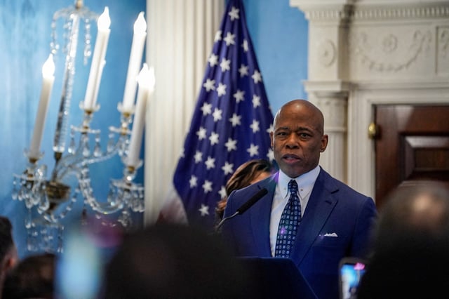 New York City Mayor Eric Adams speaks during a Minority- and Women-Owned Business Enterprises (M/WBE) Awards Celebration at Gracie Mansion in New York City, U.S., February 13, 2025. REUTERS/David 'Dee' Delgado/File Photo