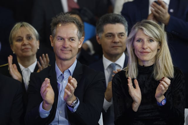 Launch of the Organizing Committee for the 2030 French Alps Olympic and Paralympic Games - Groupama Stadium, Lyon, France - February 18, 2025 France's Minister of Sports Marie Barsacq and Former freestyle skier Edgar Grospiron during the press conference REUTERS/Manon Cruz