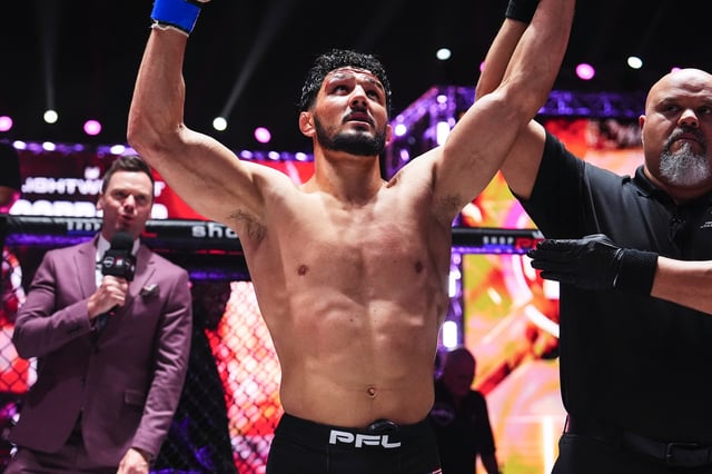 Aaron Pico celebrates after defeating against Henry Corrales during the 2024 PFL vs Bellator: Champs event at Kingdom Arena on February 24, 2024 in Riyadh.