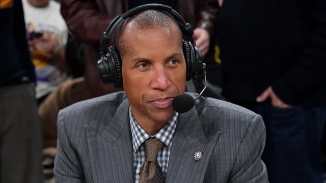 Reggie Miller broadcasts the basketball game between the Los Angeles Lakers and the Denver Nuggets (Photo by Allen Berezovsky/Getty Images)