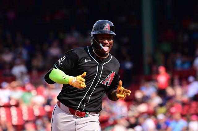 Aug 25, 2024; Boston, Massachusetts, USA; Arizona Diamondbacks shortstop Geraldo Perdomo (2) reacts to his home run during the eighth inning against the Boston Red Sox at Fenway Park. Mandatory Credit: Eric Canha-USA TODAY Sports/File Photo