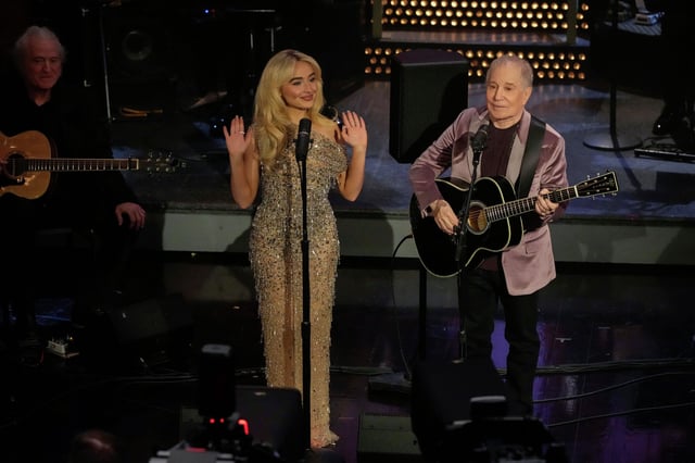 Sabrina Carpenter and Paul Simon perform “Homeward Bound” on Feb. 16, 2025, in celebration of the 50th anniversary of “Saturday Night Live.”