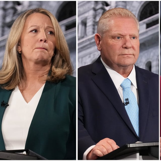 A composite image of four photographs show, from left to right: Ontario NDP Leader Marit Stiles, Ontario PC Party Leader Doug Ford, Ontario Liberal Party Leader Bonnie Crombie and Ontario Green Party Leader Mike Schreiner at the CBC Broadcast Centre for a leaders' debate, in Toronto, Monday, Feb. 17, 2025. THE CANADIAN PRESS/Chris Young