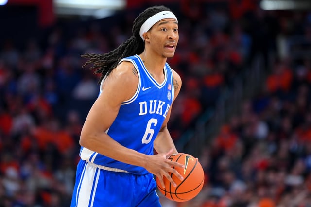 Feb 5, 2025; Syracuse, New York, USA; Duke Blue Devils forward Maliq Brown (6) controls the ball during the first half at the JMA Wireless Dome. Mandatory Credit: Rich Barnes-Imagn Images/File Photo