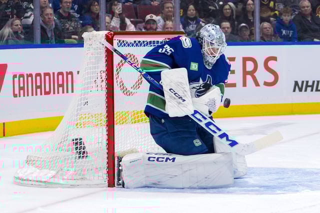 Feb 8, 2025; Vancouver, British Columbia, CAN; Vancouver Canucks goalie Thatcher Demko (35) makes a save against the Toronto Maple Leafs in the first period at Rogers Arena. Mandatory Credit: Bob Frid-Imagn Images/File Photo
