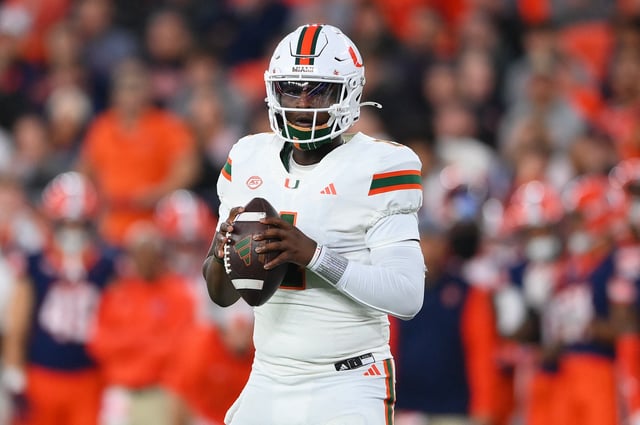 Nov 30, 2024; Syracuse, New York, USA; Miami Hurricanes quarterback Cam Ward (1) drops back to pass against the Syracuse Orange during the first half at the JMA Wireless Dome. Mandatory Credit: Rich Barnes-Imagn Images/File Photo