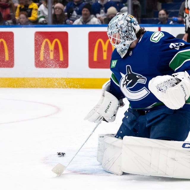 Vancouver Canucks goaltender Thatcher Demko (35) stops the puck during the first period of an NHL hockey game against the Toronto Maple Leafs in Vancouver on February 8, 2025. THE CANADIAN PRESS/Ethan Cairns