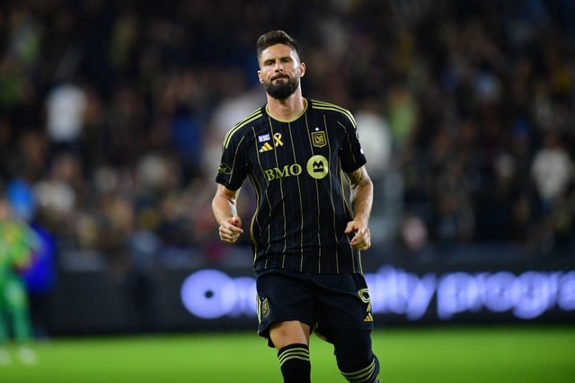 Aug 31, 2024; Los Angeles, California, USA; LAFC forward Olivier Giroud (9) enters the match against Houston Dynamo FC during the second half at BMO Stadium. Mandatory Credit: Gary A. Vasquez-USA TODAY Sports/File Photo