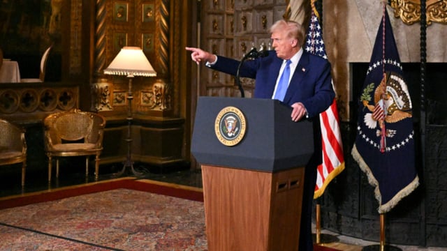 President Donald Trump speaks at Mar-a-Lago in Palm Beach, Florida on Tuesday, Feb. 18, 2025.