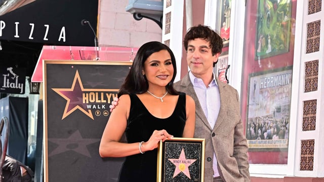(L-R) US actress Mindy Kaling and B.J. Novak attend Kaling's Hollywood Walk of Fame star ceremony in Hollywood, California on February 18, 2025. (Photo by Frederic J. Brown / AFP)