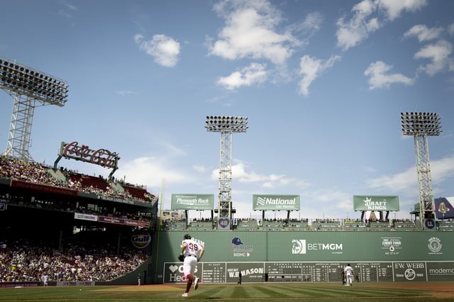 Lucas Sims #39 of the Boston Red Sox take the field for the third inning of a game against the Houston Astros on August 11, 2024 at Fenway Park in Boston, Massachusetts.