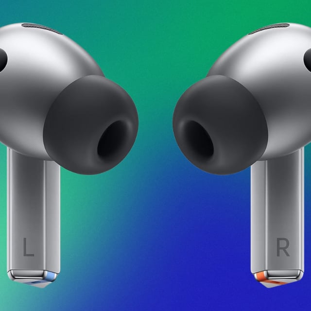 Samsung Galaxy Buds 3 Pro on a blue to green gradient background