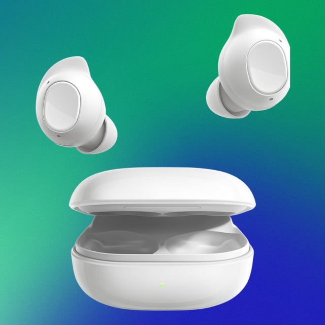 Samsung Galaxy Buds FE on a blue to green gradient background