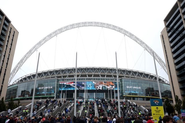 LONDON, ENGLAND - OCTOBER 20: General view outside the stadium, as fans walk down Wembley way prior to the NFL match between New England Patriots and Jacksonville Jaguars at Wembley Stadium on October 20, 2024 in London, England.