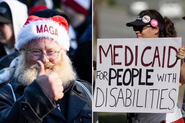 Man wears MAGA hat while in line to enter Capital One Arena before the second inauguration of President Donald Trump (left) and Medicaid protesters stand outside of a radio station in San Antonio in 2017 (right).