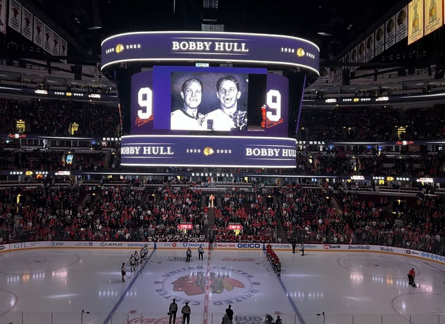 Feb 7, 2023; Chicago, Illinois, USA; The Chicago Blackhawks honor the late Bobby Hull before the game against the Anaheim Ducks at United Center. Mandatory Credit: David Banks-USA TODAY Sports/File Photo