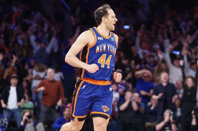 Apr 14, 2024; New York, New York, USA;  New York Knicks forward Bojan Bogdanovic (44) celebrates after making a three-point shot in the fourth quarter against the Chicago Bulls at Madison Square Garden. Mandatory Credit: Wendell Cruz-USA TODAY Sports/File Photo