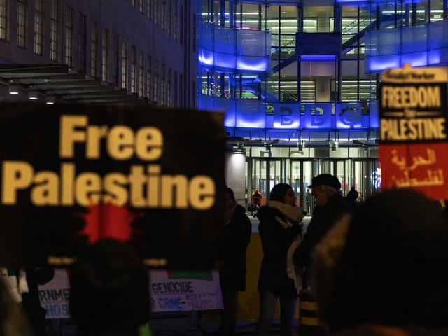 Media Workers for Palestine protest outside BBC Broadcasting House as part of a Stand With Gaza Workplace Day of Action on 7th February 2024 in London, United Kingdom. Speakers at the event criticised the reporting by mainstream media in the UK of events in Palestine and demanded that Israel stops killing Palestinian journalists. (photo by Mark Kerrison/In Pictures via Getty Images)