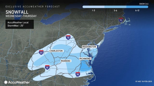 A map from AccuWeather showing where the heaviest snowfall will take place with the incoming winter storm.