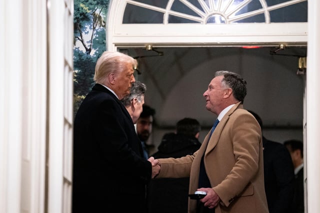 President Donald Trump shakes hands with Steve Witkoff as they as they welcome Marc Fogel back to the United States after being released from Russian custody at the White House on February 11 in Washington, DC.