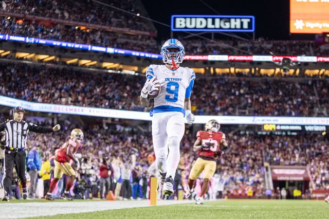 December 30, 2024; Santa Clara, California, USA; Detroit Lions wide receiver Jameson Williams (9) scores a touchdown against the San Francisco 49ers during the second quarter at Levi's Stadium. Mandatory Credit: Kyle Terada-Imagn Images/File Photo