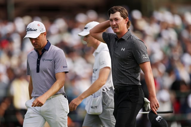 LA JOLLA, CALIFORNIA - FEBRUARY 16: Justin Thomas of the United States (L) and Maverick McNealy of the United States walk off the 18th green after their round during the final round of The Genesis Invitational 2025 at Torrey Pines Golf Course on February 16, 2025 in La Jolla, California.