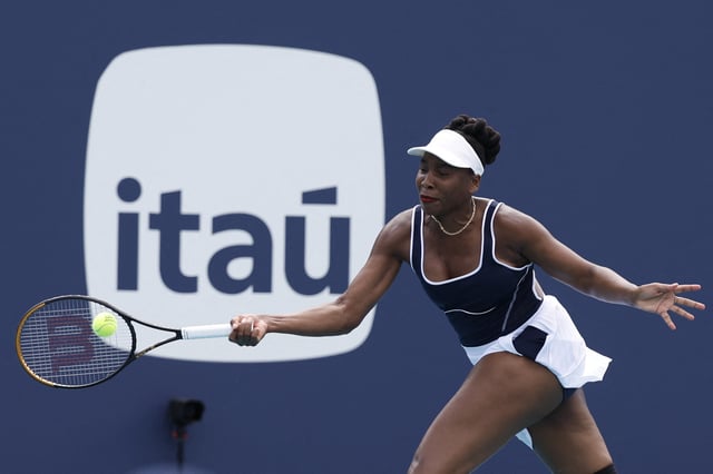 Mar 19, 2024; Miami Gardens, FL, USA; Venus Williams (USA) hits a forehand against Diana Shnaider (not pictured) on day two of the Miami Open at Hard Rock Stadium. Mandatory Credit: Geoff Burke-USA TODAY Sports/File Photo