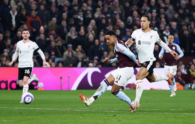 Soccer Football - Premier League - Aston Villa v Liverpool - Villa Park, Birmingham, Britain - February 19, 2025 Aston Villa's Jacob Ramsey scores a disallowed goal REUTERS/David Klein