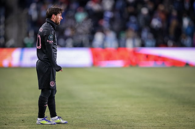 Feb 19, 2025; Kansas City, Kansas, USA; Inter Miami forward Lionel Messi (10) on the field during the first half against the Sporting Kansas City at Children's Mercy Park. Mandatory Credit: William Purnell-Imagn Images
