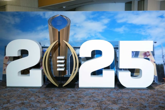 Jan 18, 2025; Atlanta, GA, USA; The 2025 College Football Playoff logo at the Westin Peachtree Plaza hotel. Mandatory Credit: Kirby Lee-Imagn Images/File Photo