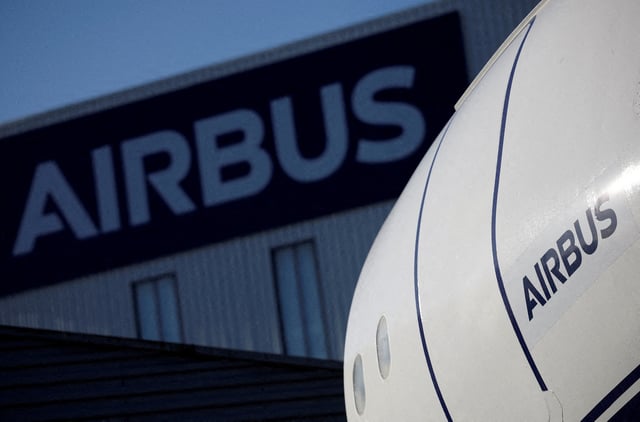 The logo of Airbus is pictured outside the Airbus facility in Saint-Nazaire, France, November 7, 2023. REUTERS/Stephane Mahe/File Photo