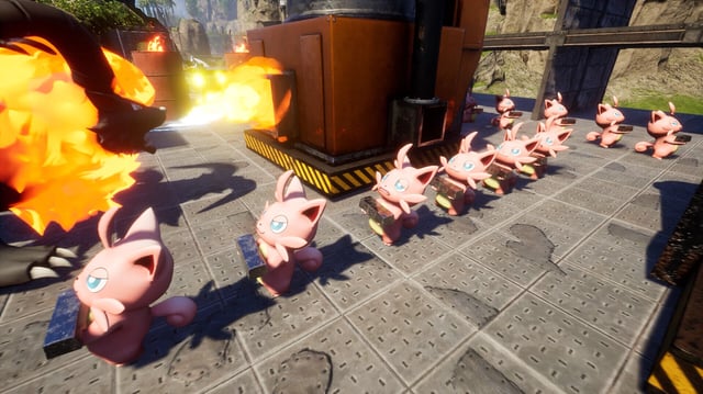 A Palworld screenshot showing several Pals working in a foundry.