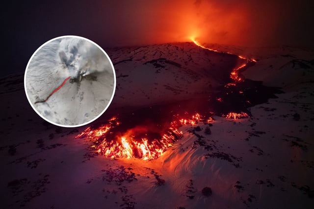 Satellite image and photo of Etna erupting