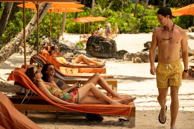 Aimee Lou Wood, Charlotte Le Bon and Patrick Schwarzenegger appear in "The White Lotus" Season 3.