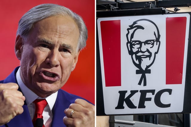 Texas Gov. Greg Abbott speaking on stage on the third day of the Republican National Convention at the Fiserv Forum on July 17, 2024 in Milwaukee, Wisconsin (left) and the sun shining on the logo of Colonel Sanders, founder of the Kentucky Fried Chicken fast food restaurant KFC, on March 18, 2022 in Bath, England (right).
